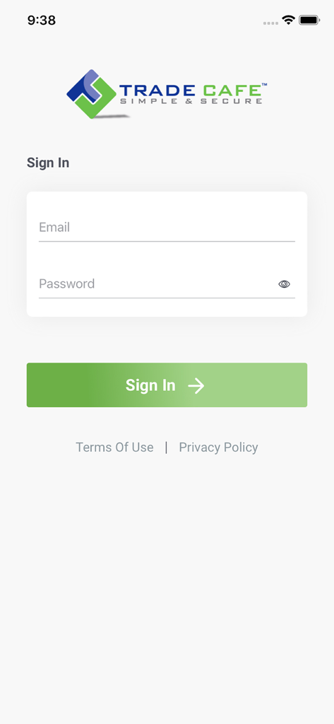 TradeCafe App Anmeldebildschirm mit Anmeldeformular und grünen Button