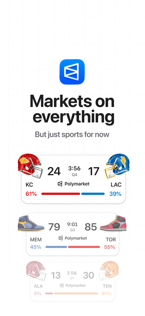 Polymarket - Polymarket app interface showing real-time sports win probabilities for football and basketball games