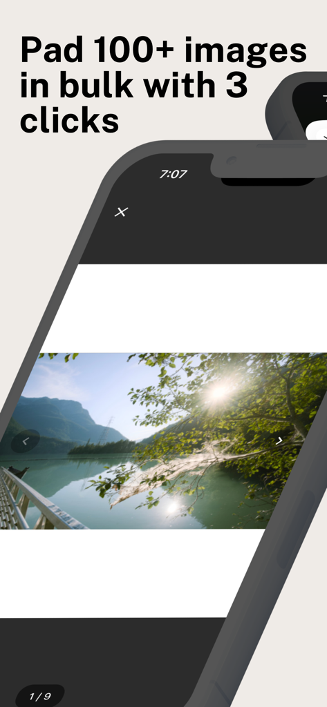 BatchPad: Photo Border in Bulk - Interface of BatchPad app showing a landscape photo with white borders and text explaining bulk padding of 100 images in three clicks.