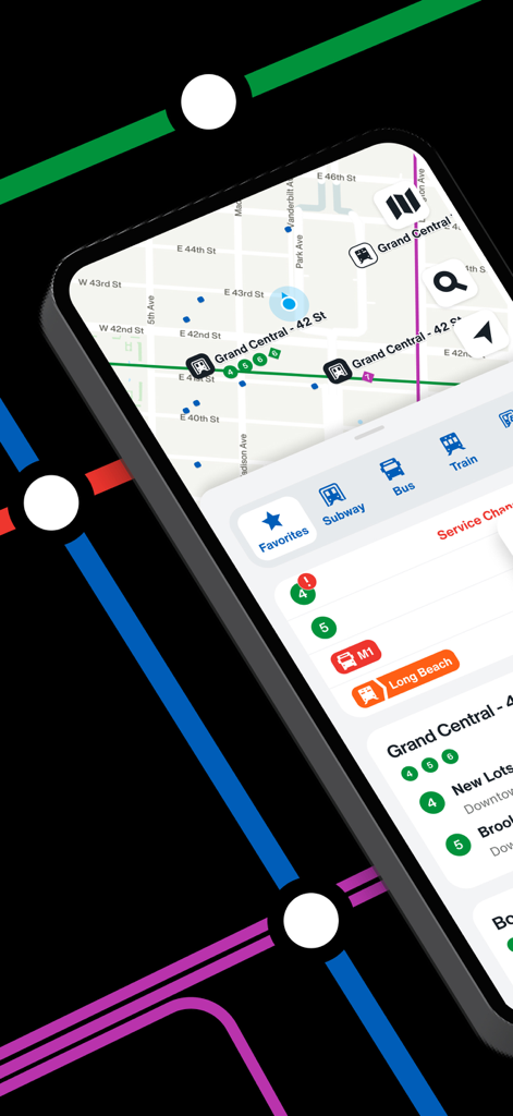 The Official MTA App interface showing real-time NYC subway bus and train information on a map