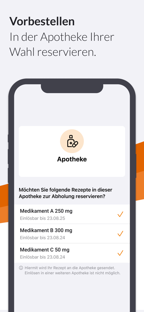 DAK ePA - Oberfläche der DAK ePA App, die die Reservierung von Medikamenten und E-Rezepten in einer ausgewählten Apotheke anzeigt.