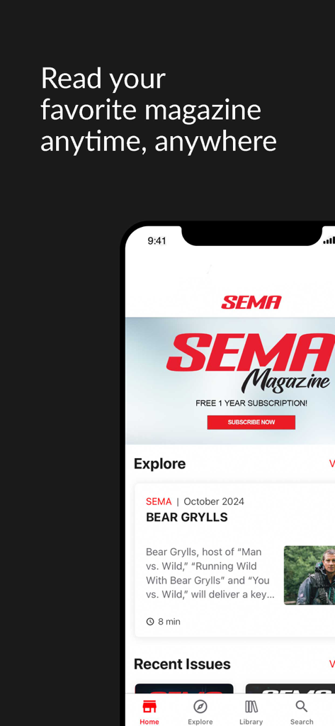SEMA Magazine - A smartphone displaying the SEMA Magazine app home page with automotive articles and subscription offers