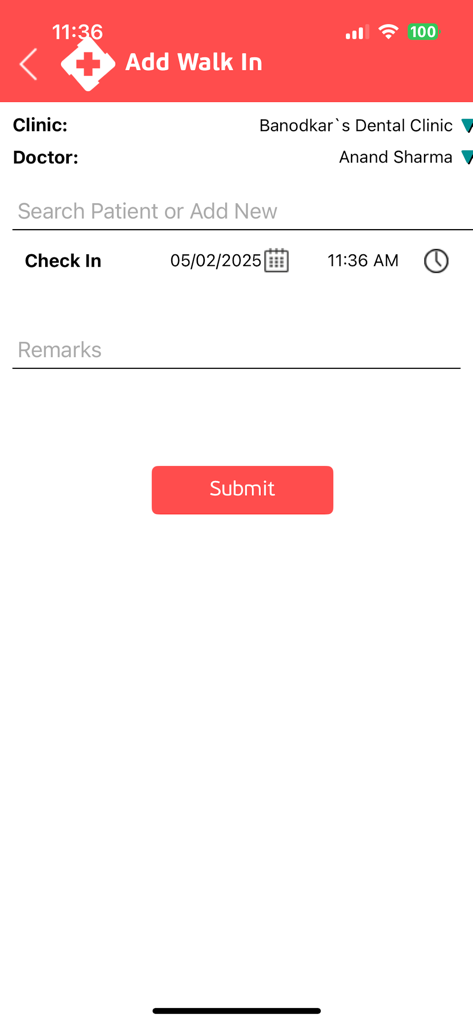 Clinicia-App-Bildschirm zur Registrierung eines Laufpatienten in einer Zahnklinik