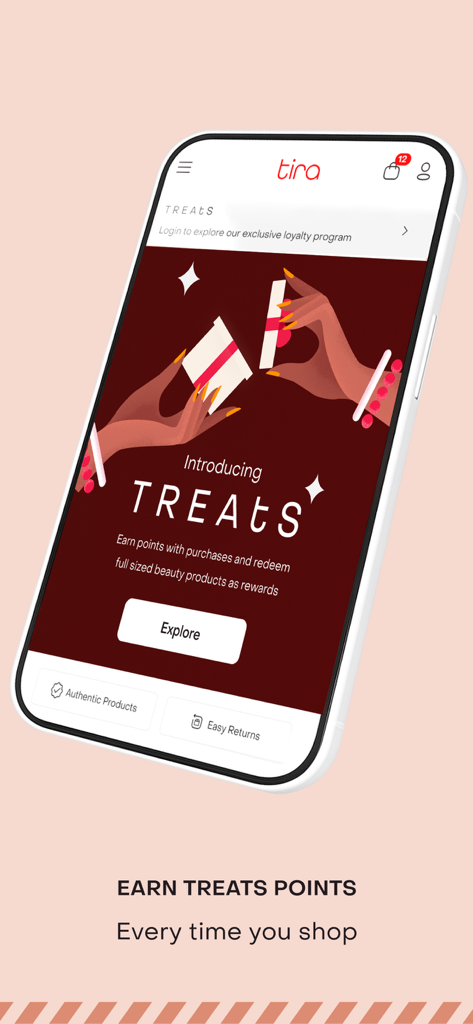 Tira: Online Beauty Shopping - Pantalla del programa de fidelización Tira Treats donde los usuarios ganan puntos por recompensas de belleza