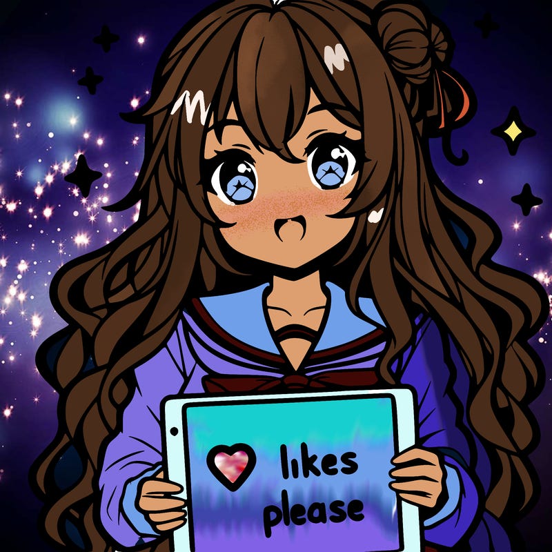 anime girl whith long curly hair holding a sign saying "10 likes please"