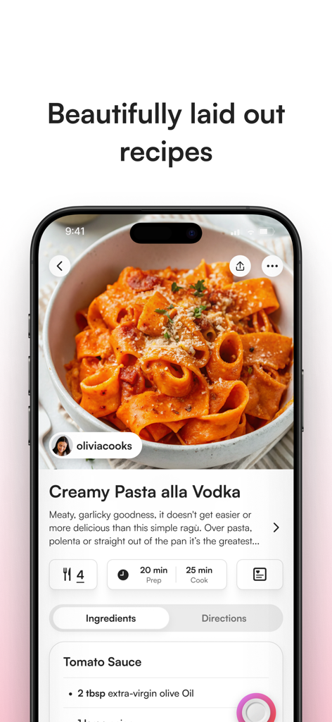 Clean recipe layout of Creamy Pasta alla Vodka in the Osta app