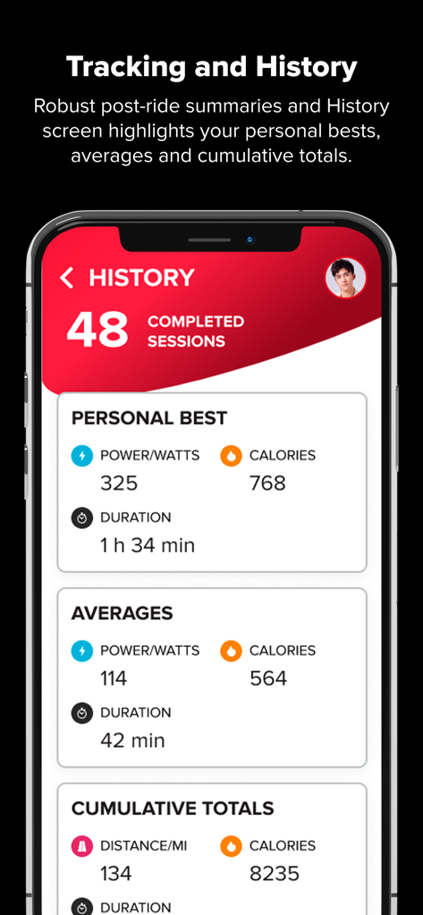 Spinning Indoor Cycling - Tela de histórico do aplicativo Spinning mostrando métricas de rastreamento de treino, incluindo recordes pessoais, médias e totais de sessão cumulativos
