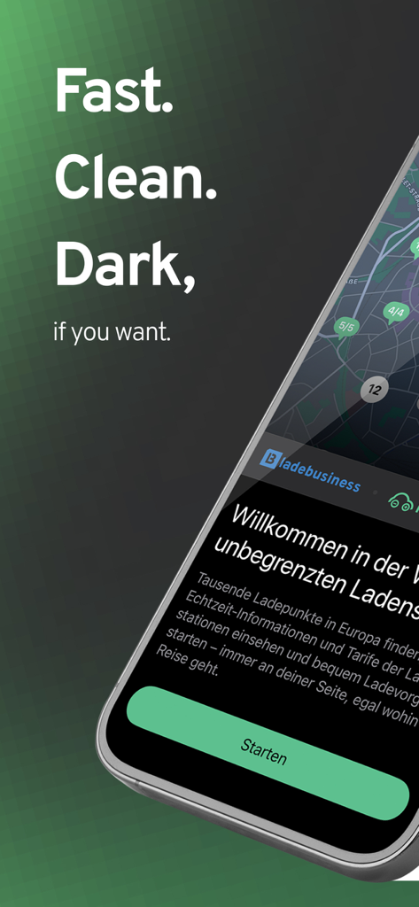 ladeapp – EV charging stations - Mobile app interface for ladeapp showing EV charging stations on a map in dark mode