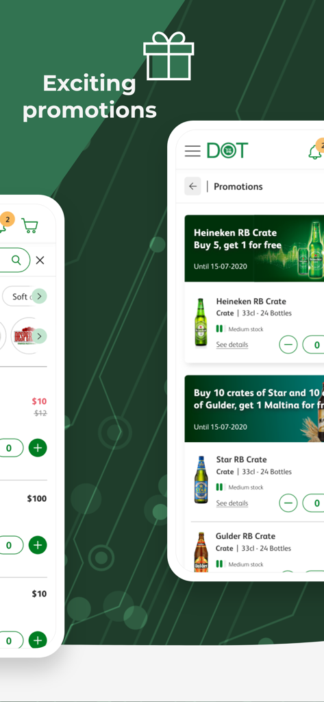 Página de promociones de la aplicación Heineken B2B DOT mostrando ofertas de compra al por mayor de cajas de cerveza