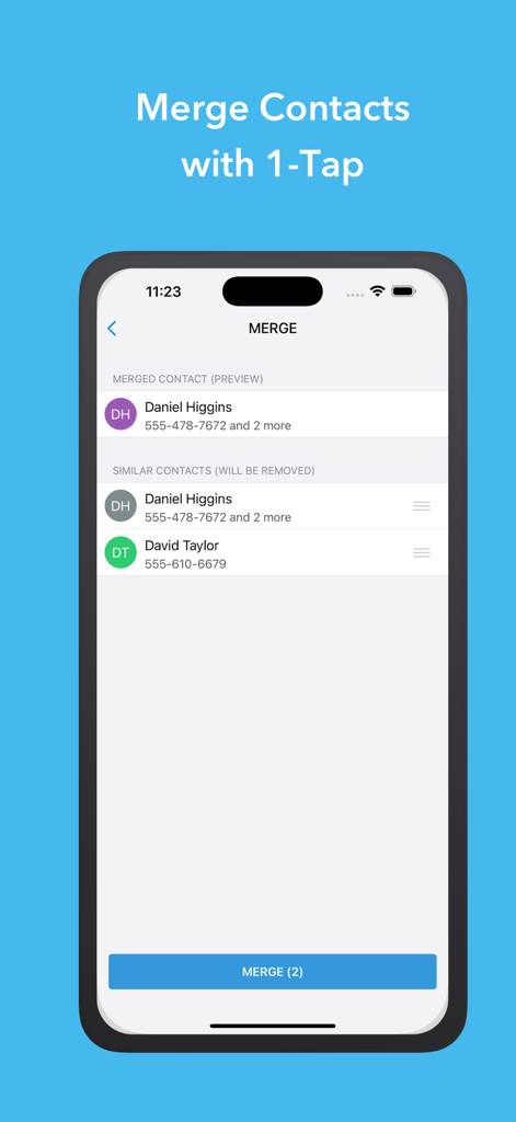 1Contact Pro: Clean & Backup - Smartphone screen displaying the merge contacts interface of the 1Contact Pro app with a one tap merge button
