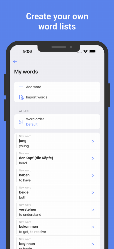 Learn German with Flash cards - A mobile app screen for creating custom German word lists with flashcards and translations.
