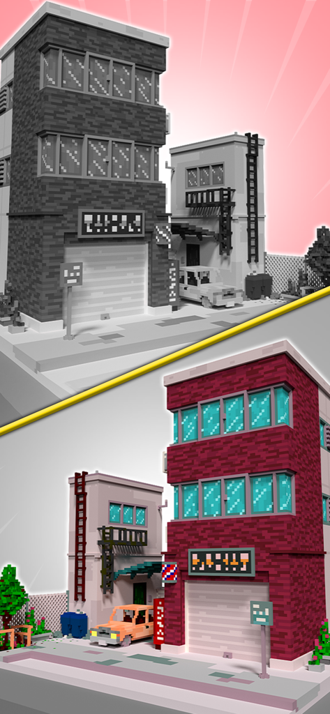 Vista dividida que muestra un edificio de vóxeles 3D en escala de grises y a todo color