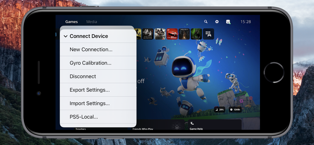 iPhone-Bildschirm zeigt das Menü Gerät verbinden in der Console Remote App mit einem PlayStation 5 Dashboard im Hintergrund