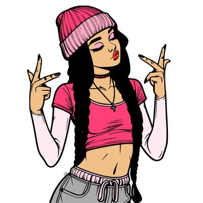 realistic teenage girl with braids and a beanie and crop top doing 🫶🏼