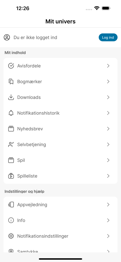 Écran des paramètres du compte utilisateur et de l'application pour l'application d'actualités Vejle Amts Folkeblad.