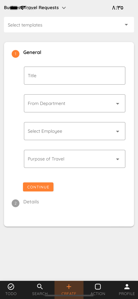 SpectroNova App-Bildschirm zeigt das Formular zur Erstellung einer Geschäftsreiseanfrage