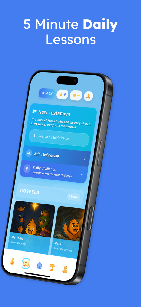 iPhone screen displaying the Ascend Bible Lessons app with 5-minute daily study options and illustrated New Testament books.