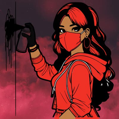 realistic girl with mask spray painting a wall