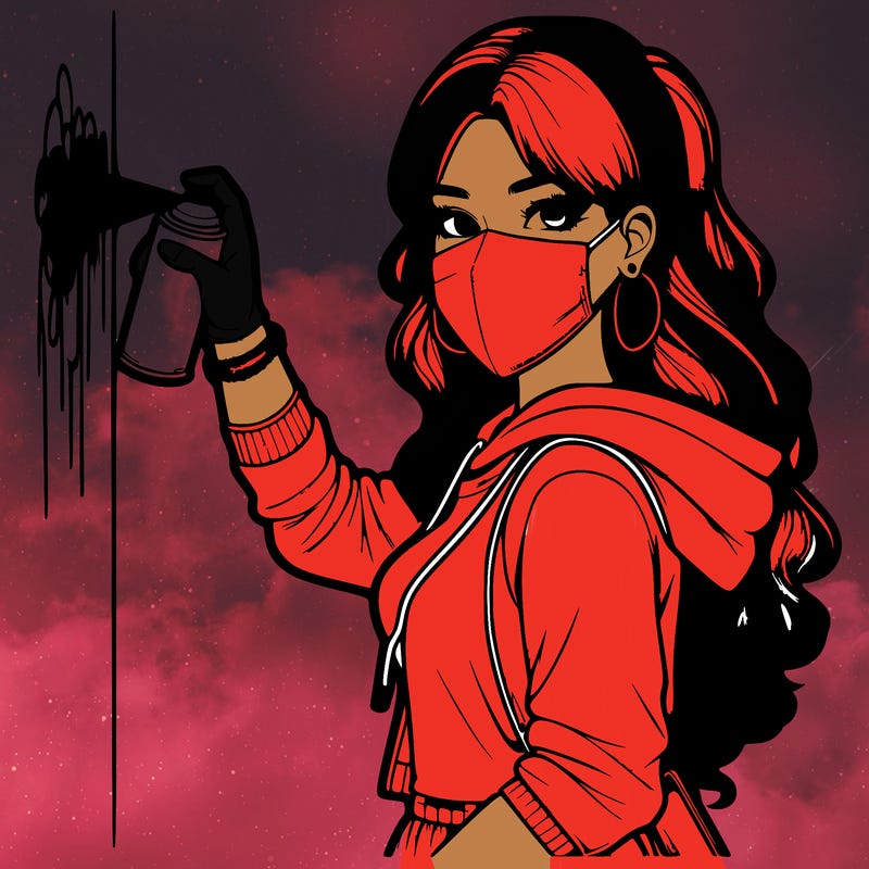 realistic girl with mask spray painting a wall