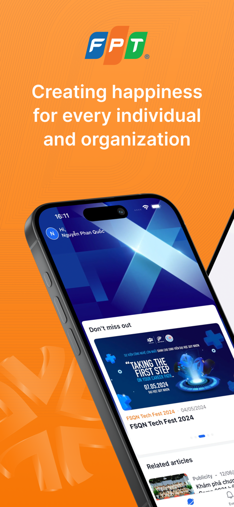 myFPT Next - Smartphone displaying the myFPT Next app home screen featuring corporate news and upcoming events.
