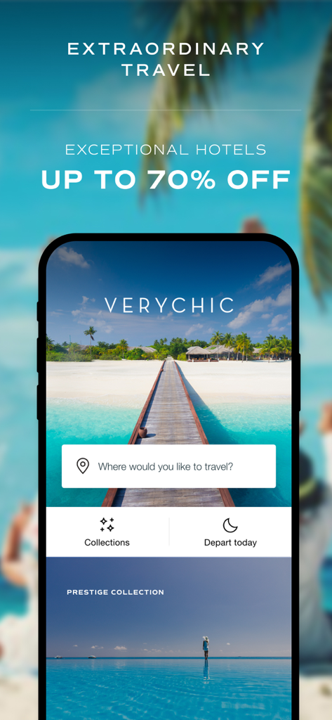 VeryChic mobile App Startbildschirm für Luxushotelbuchungen mit siebzigprozentigen Rabatten
