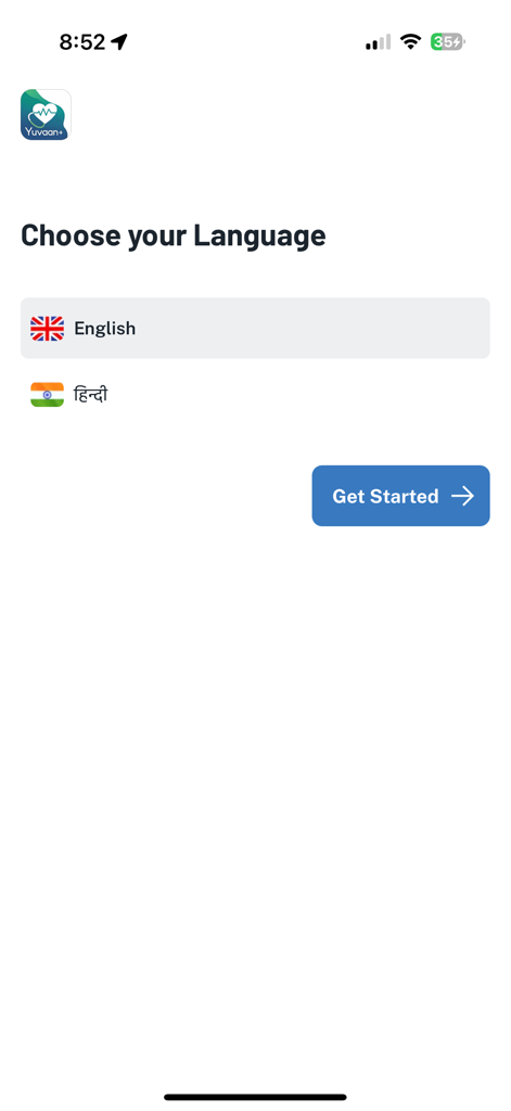 Yuvaan+ - Language selection screen in the Yuvaan plus medical app offering English and Hindi options