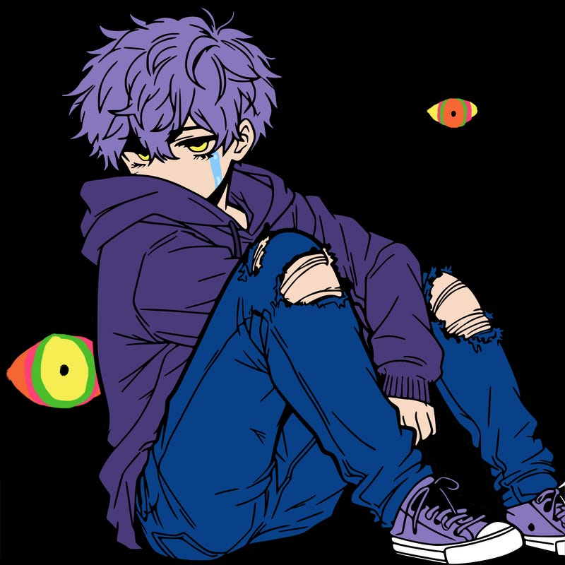 a male hoddie ripped jeans messy hair anime