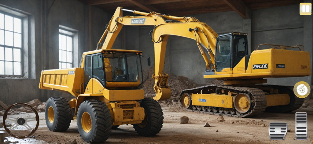 Construction city Excavator 3d - A yellow excavator and dump truck in a 3D construction city simulation game
