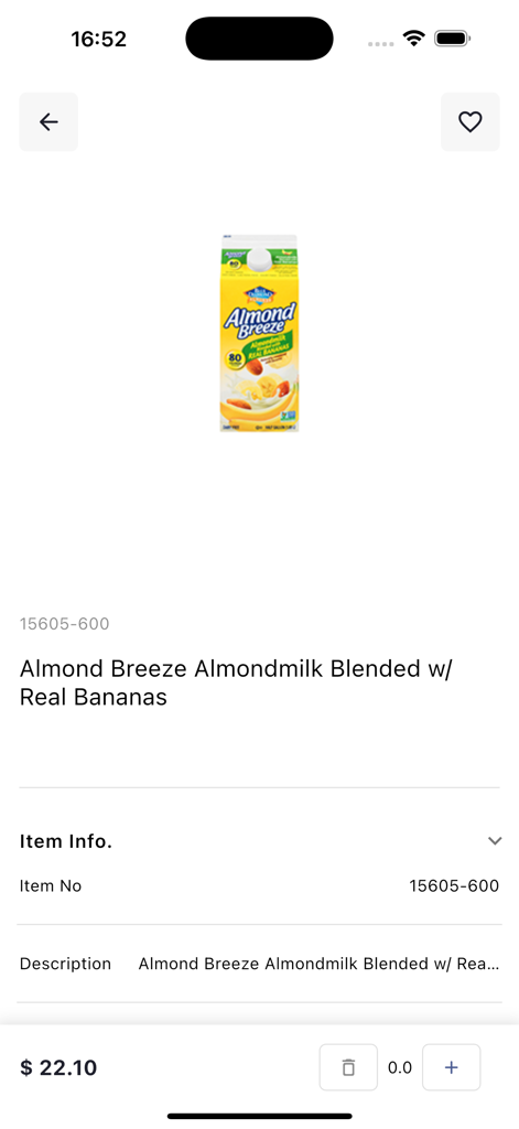 HapCor - Product detail screen for Almond Breeze almond milk showing wholesale item information and pricing