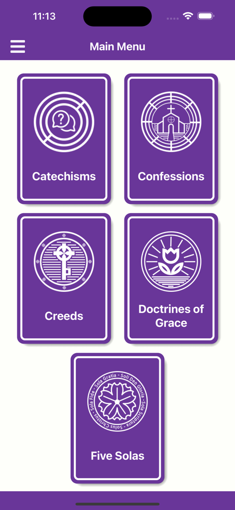 Reformed Companion - Main menu screen of the Reformed Companion app showing categories for Catechisms Confessions Creeds Doctrines of Grace and Five Solas