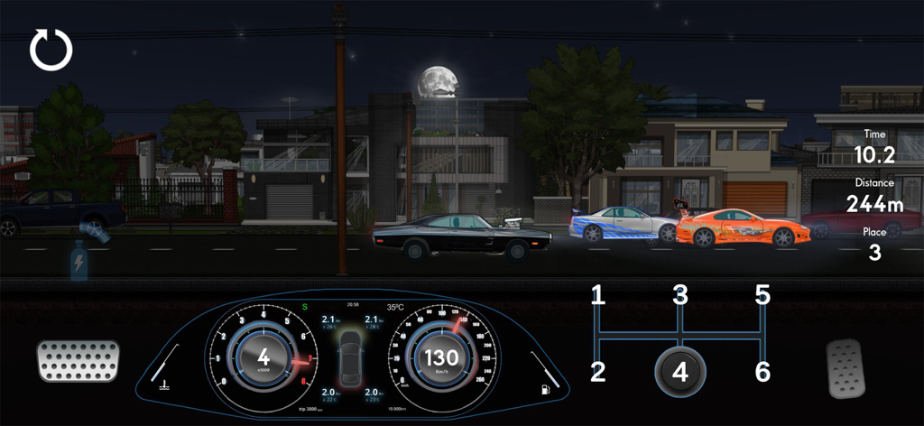 Car Manual Shift 4 - Side-scrolling night drag race gameplay with manual gear shifter and tachometer interface