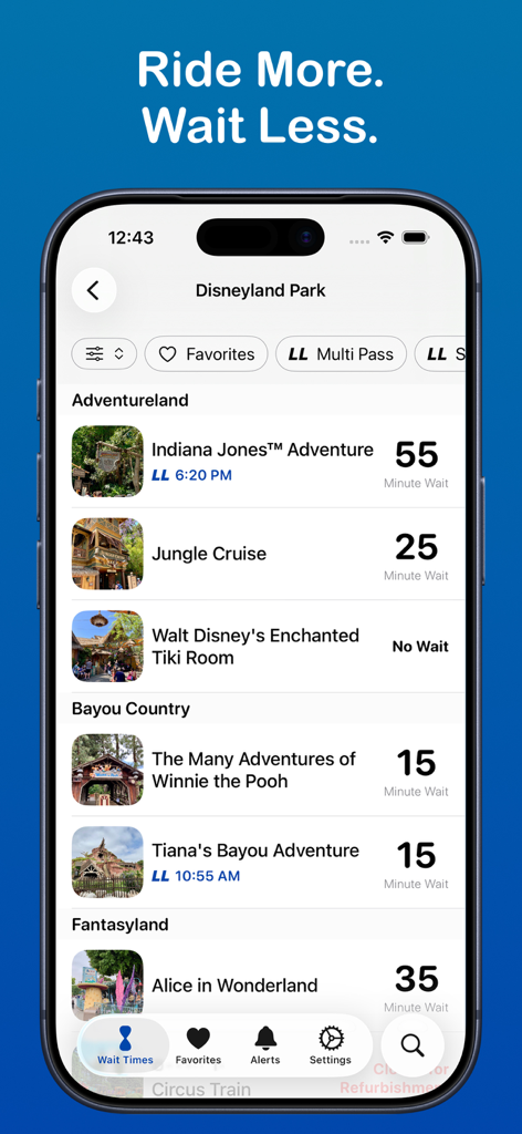 LineTime for Disneyland - LineTime app interface showing current wait times for Disneyland Park attractions organized by land.