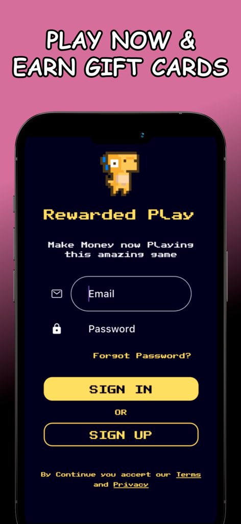Rewarded Play: Earn Gift Cards - Rewarded Playモバイルアプリのログインとサインアップ画面。メールとパスワードフィールドが表示されています