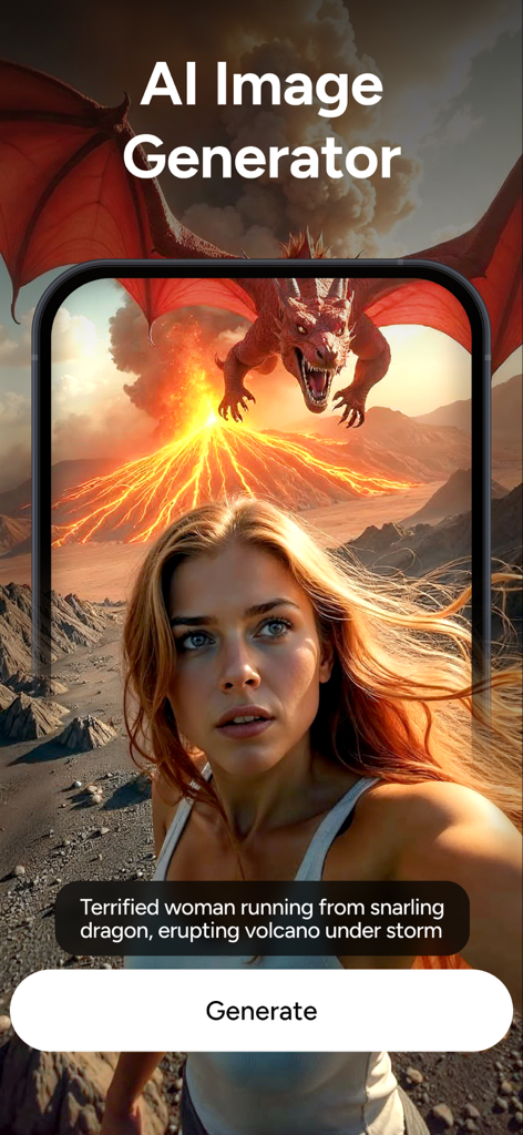 AI Image Generator - Monet - Interfaz de la aplicación generadora de arte IA Monet que muestra una imagen dramática de una mujer huyendo de un dragón creada a partir de una indicación de texto