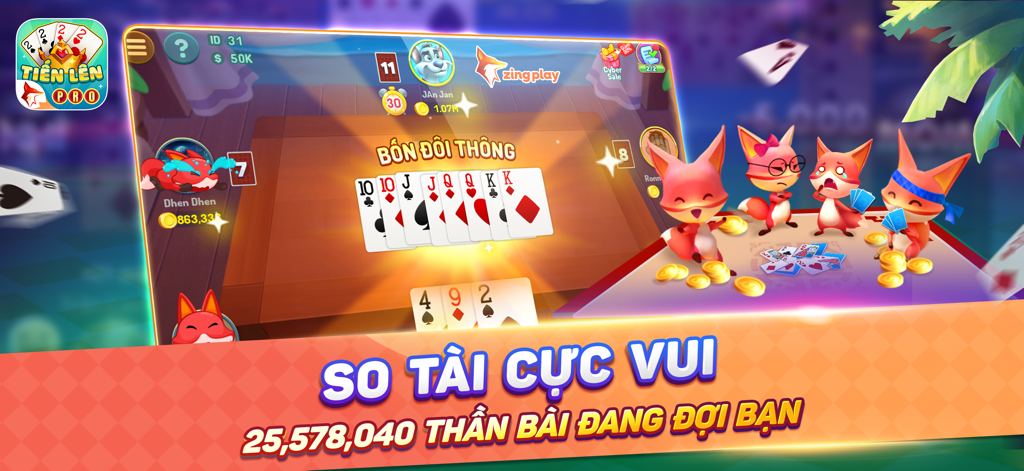 Tiến Lên Miền Nam Pro ZingPlay - Juego de Tien Len Mien Nam Pro ZingPlay con avatares de zorro y una combinación de cartas ganadora.