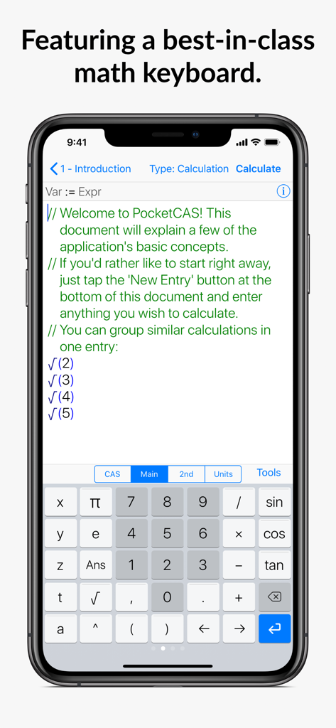 Mathematics with PocketCAS Pro - Mathematics with PocketCAS Pro app showing the advanced mathematical keyboard interface on an iPhone