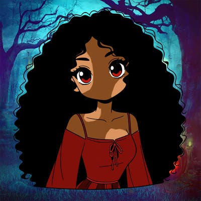 a black anime girl with long afro hair