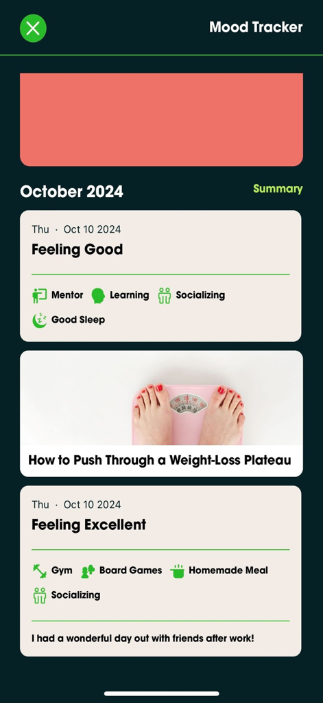 Acentra Connect - Acentra Connectアプリのムードトラッカースクリーン。毎日のウェルネスログと記事が表示されています。