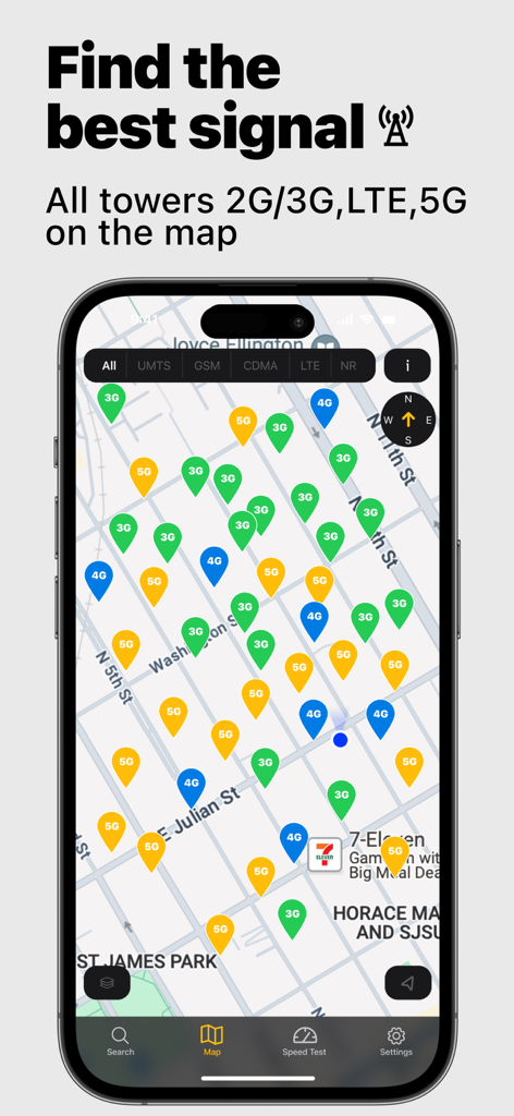 Aplicativo Signal Finder mostrando um mapa da cidade com marcadores para torres de celular 3G, 4G e 5G