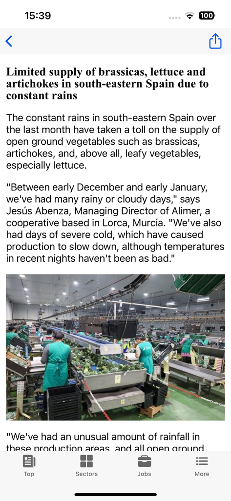 FreshPublishers.com - Articolo di notizie B2B sull'app FreshPublishers che riporta sull'approvvigionamento di verdure in Spagna con una foto di un impianto di confezionamento di prodotti