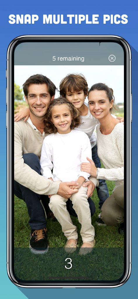 Interface de l'application Photo Timer Plus permettant de prendre plusieurs photos d'une famille avec un compte à rebours