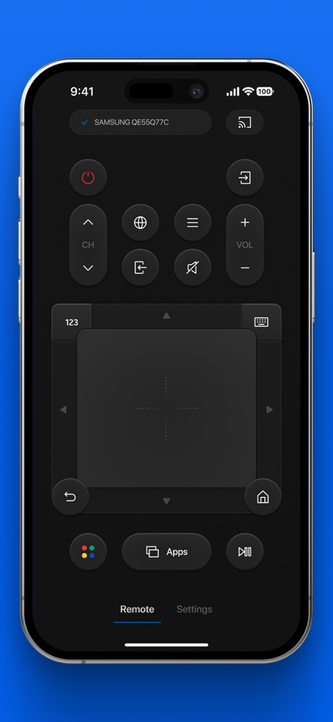 Remote Control for Samsung TV・ - Main control screen of the Samsung TV remote app on an iPhone featuring a touchpad and navigation buttons