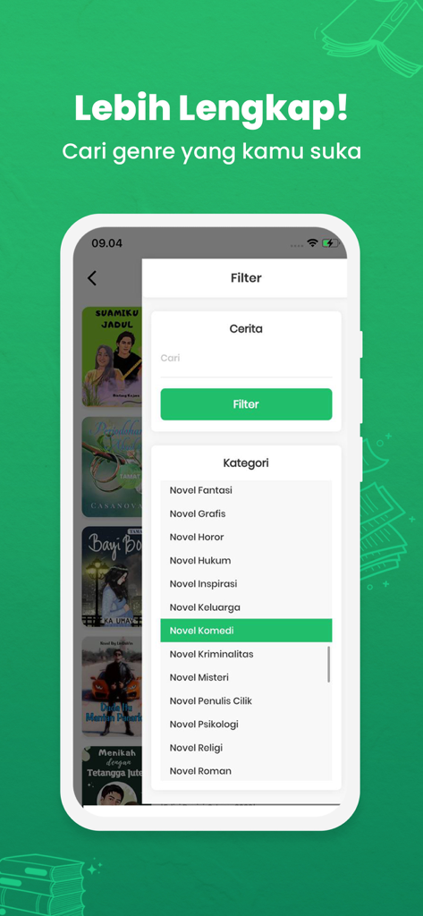 Screenshot of the KBM App showing a list of story genres and categories in Indonesian