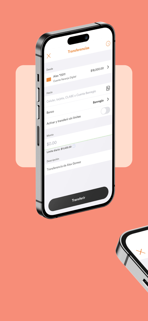 Banregio - Captura de pantalla móvil de la app Banregio mostrando la interfaz de transferencias bancarias en un iPhone.