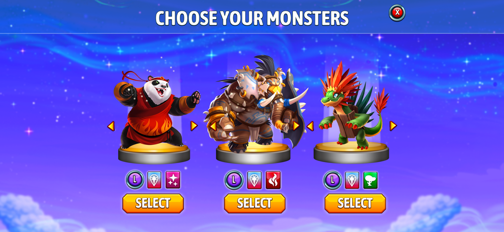 Monster Legends - Battle Game - Pantalla de selección de monstruos en Monster Legends que muestra tres monstruos legendarios únicos con botones de selección