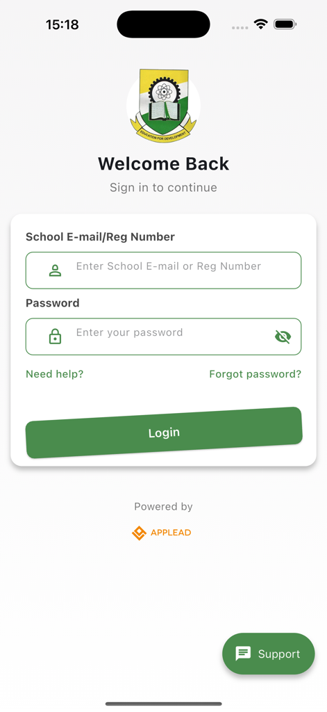 COOU Portal - Login page for the official COOU student portal app showing email and password fields