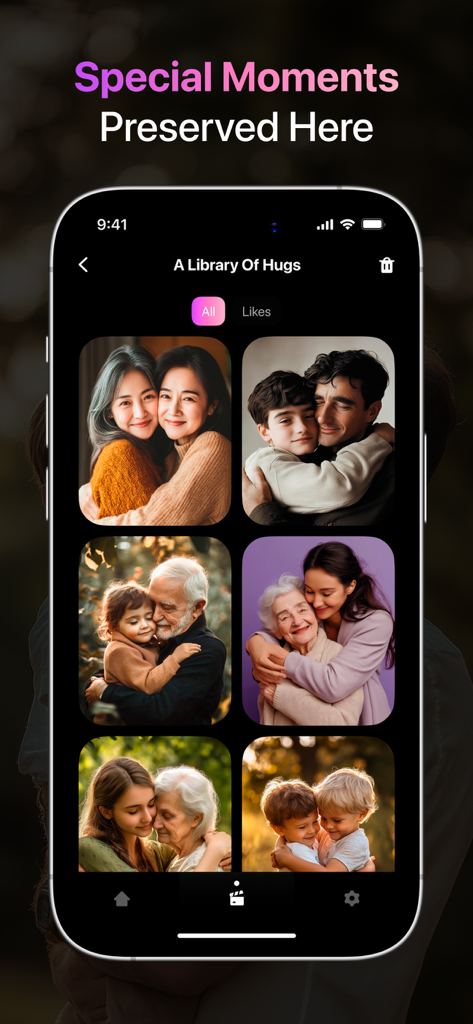 A library view in the Hug AI app showing a grid of saved sentimental hugging videos.