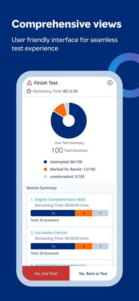 Mercer Mettl mobile app test summary screen showing question progress chart and remaining time before finishing an assessment.