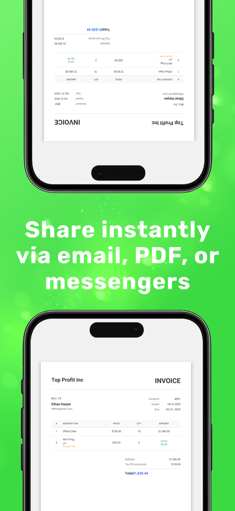 Invoice Maker: PDF & Billing - メールやメッセンジャーで共有するオプションが付いた、プロフェッショナルなPDF請求書を表示するモバイル画面。