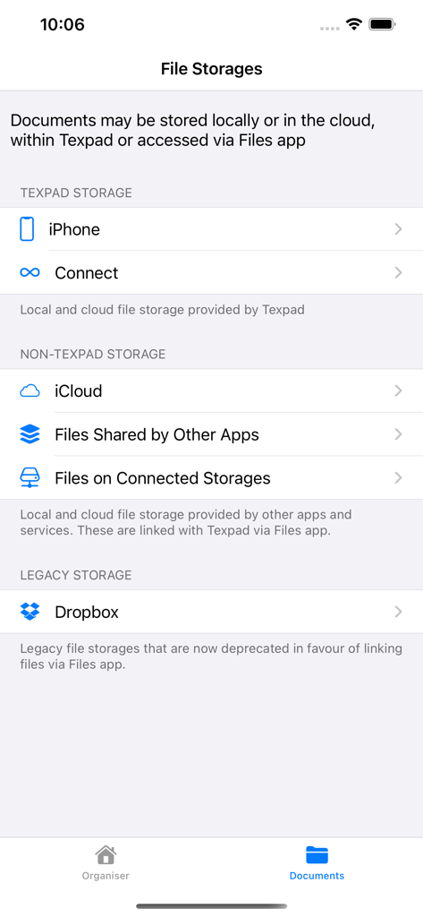 Texifier : LaTeX editor - Interface of the Texifier app showing various file storage options including iCloud Dropbox and local storage for LaTeX documents